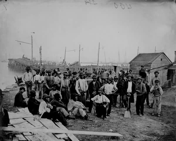  Black Laborers on a Wharf, James River, Va