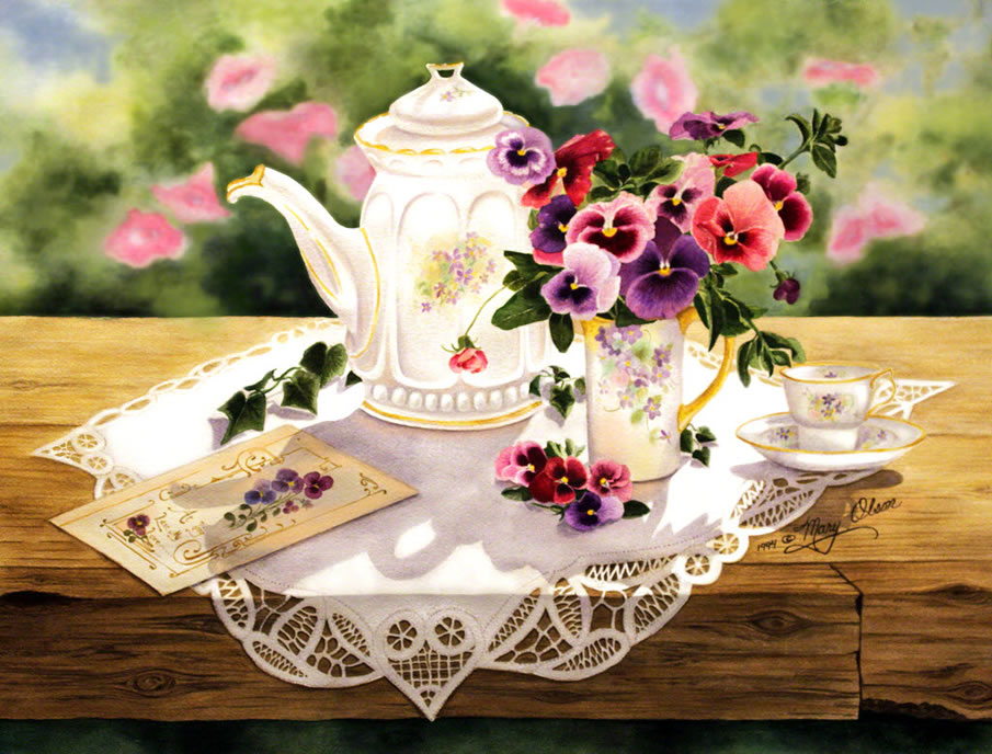 Victorian Teapot and Pansies