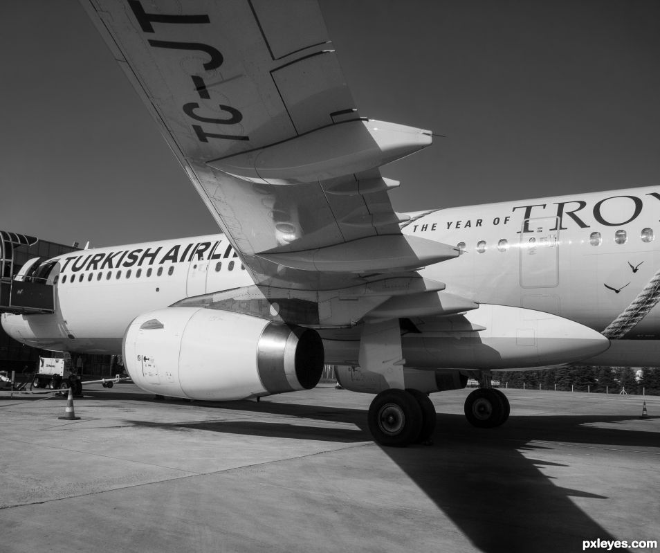 Under the wing of an airplane