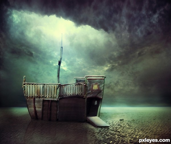 Old boat in silent waters photoshop picture)