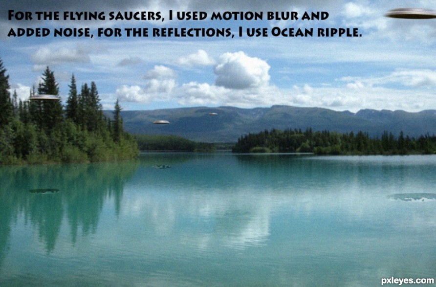 Creation of Boya lake Canada, 5 silver disc shaped flying saucer sighting in 1964: Step 4