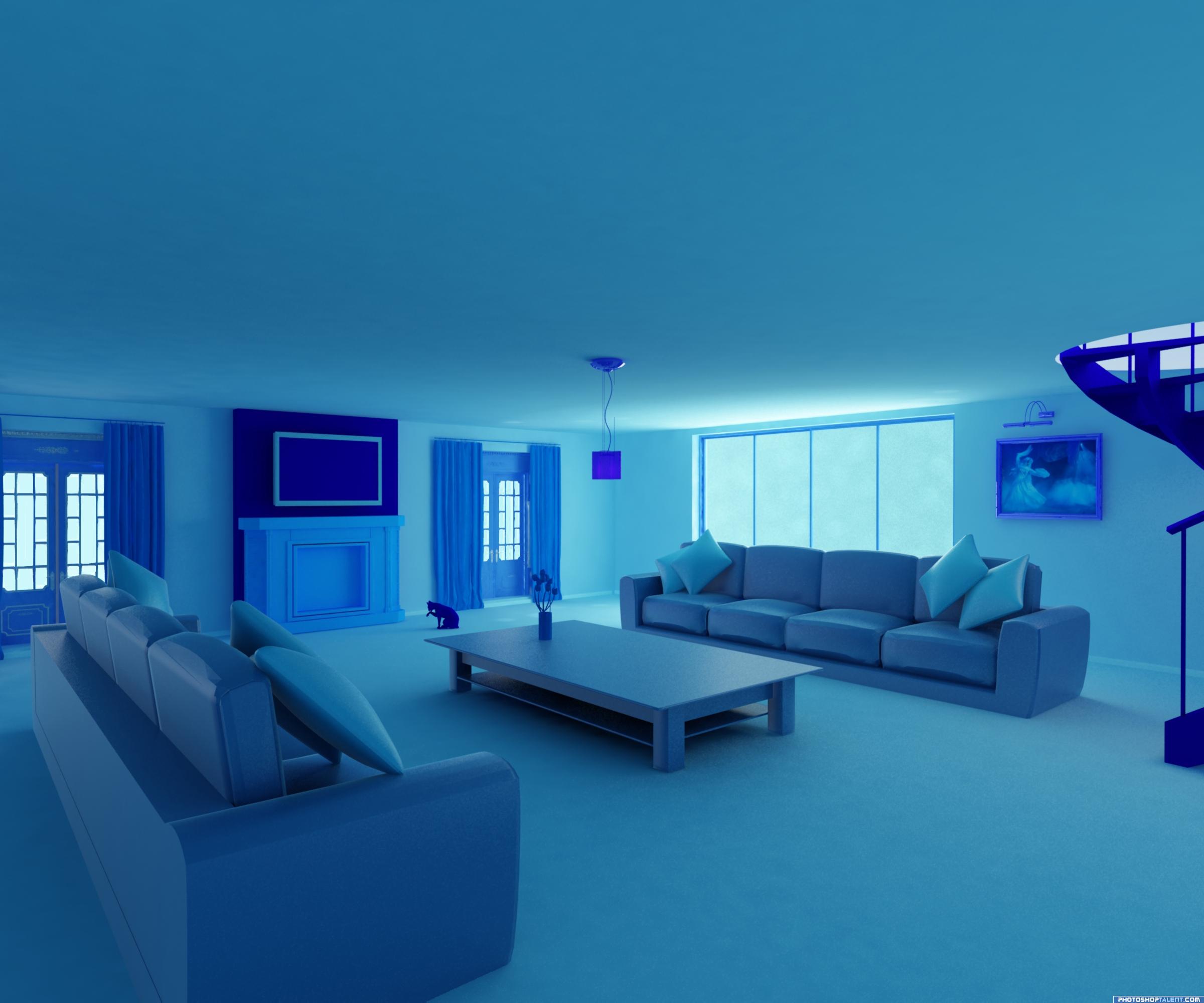 monochromatic living room blue