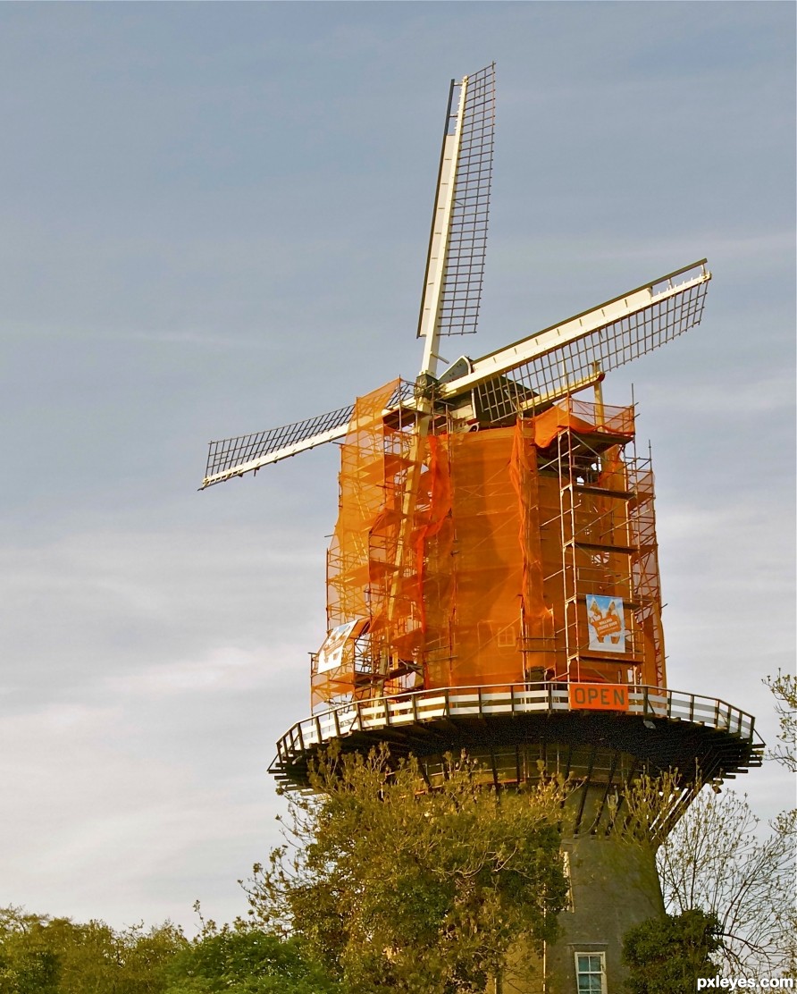 Broken windmill being reconstructed