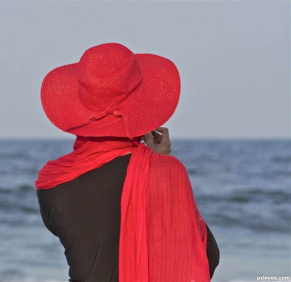 Red outfit at the beach