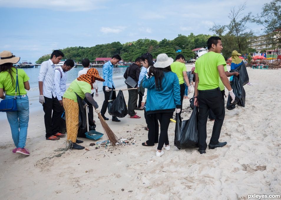 Young people cleaning the beach