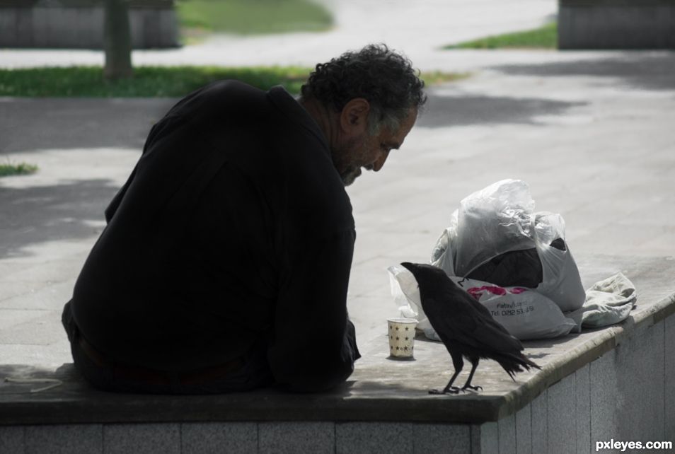 Man in black, to a bird in black