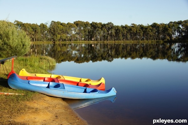 blue, red, yellow on the water