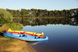 blue, red, yellow on the water