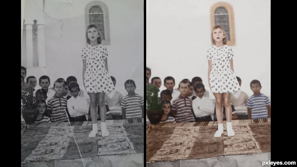 black and white photo taken in 1974 at Trikorfo village in Greece colored and retouched