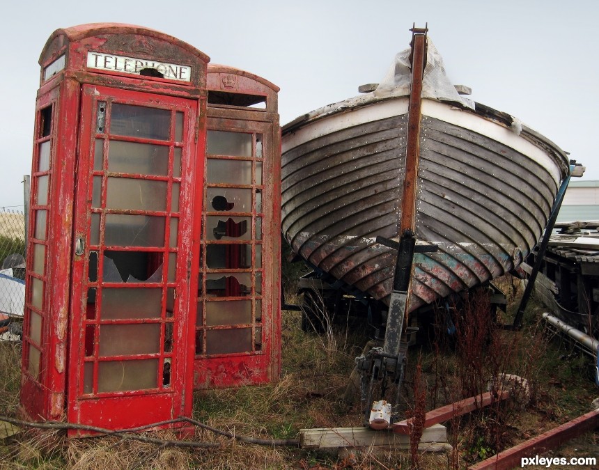 Telephone Boxes in Boatyard photoshop picture)