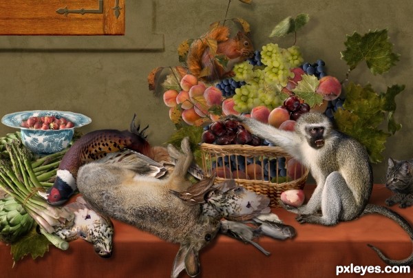 Creation of Still Life With Fruit, Game, Vegetables and Live Monkey, Squirrel and a Cat: Final Result