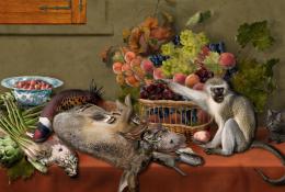 StillLifeWithFruitGameVegetablesandLiveMonkeySquirrelandaCat