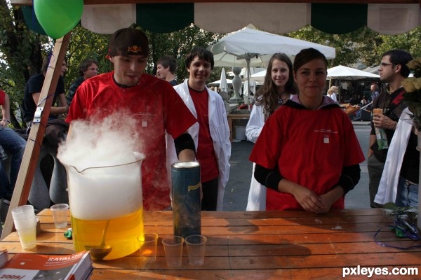 chemistry students performing in center of Ljubljana