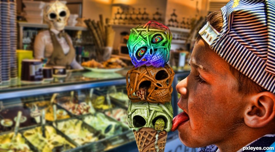 Rainbow Sherbert, Walnut, Pistachio Ice Cream at the Skull Ice Cream Shop