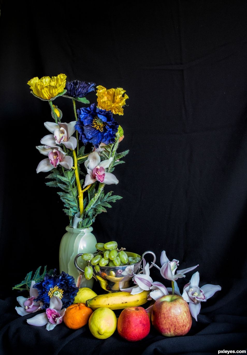 still life of flowers and fruit