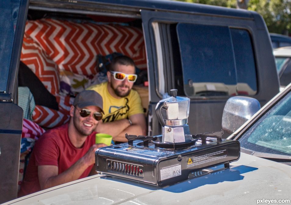 Morning coffee for Freedom campers in the carpark