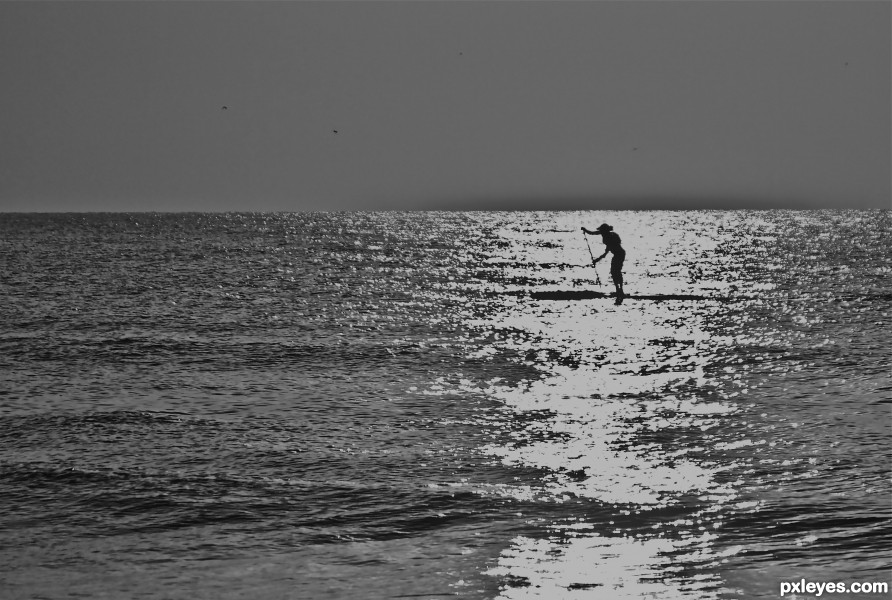 Stand up paddling at sunrise in the ocean