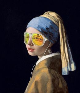 Girl with a pearl earring, oversized glasses and nose ring listening to an Ipod