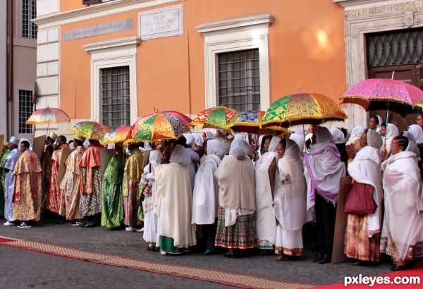 Waiting to enter the church