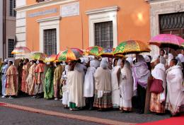 Waiting to enter the church