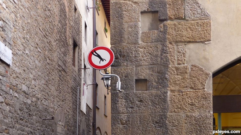 Do not jump out of the window! road sign hacked by Clet Abraham, Florence (Italy)