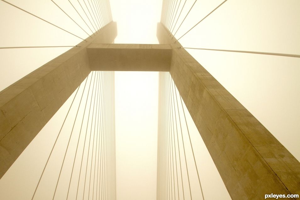 Suspension bridge in the fog