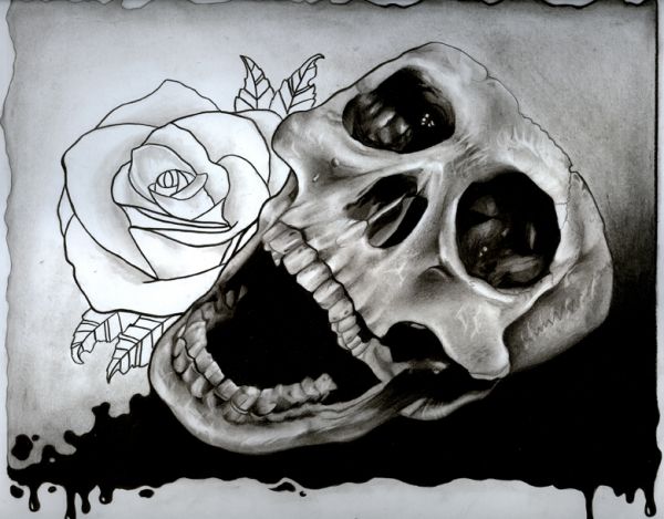 Draw A Skull And Rose With Pencils And Watercolours Traditional - 600x469 - jpeg Pencil Drawings Skulls And Roses